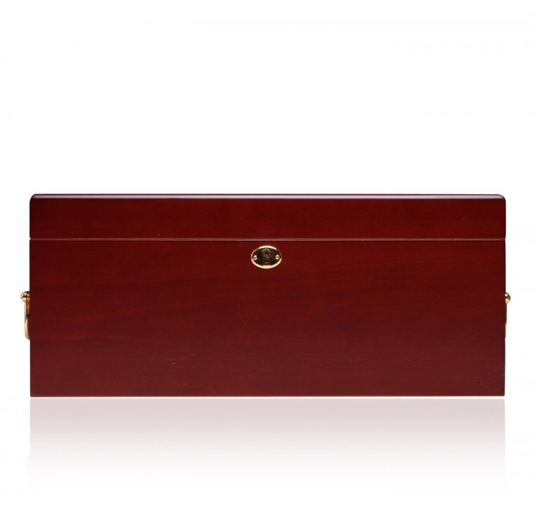 Cherry Wood Deluxe Cigar Humidor: One deluxe cigar humidor featuring a glossy cherry wood exterior lined with premium Spanish cedar and solid brass hardware including gold plated handles, hidden quadrant hinges, and lock and key. Beau