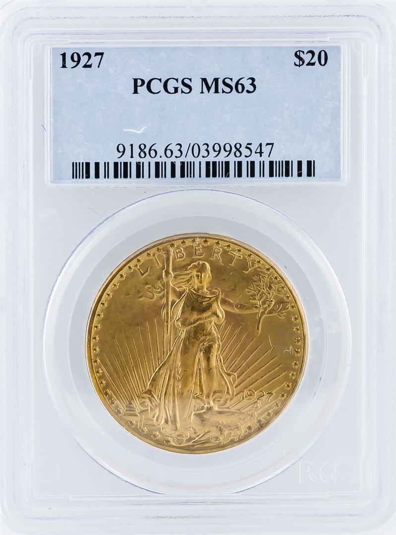 1927 PCGS MS63 $20 St. Gaudens Double Eagle Coin: One 1927 PCGS MS63 $20 St. Gaudens Double Eagle Coin. PCGS Certified.