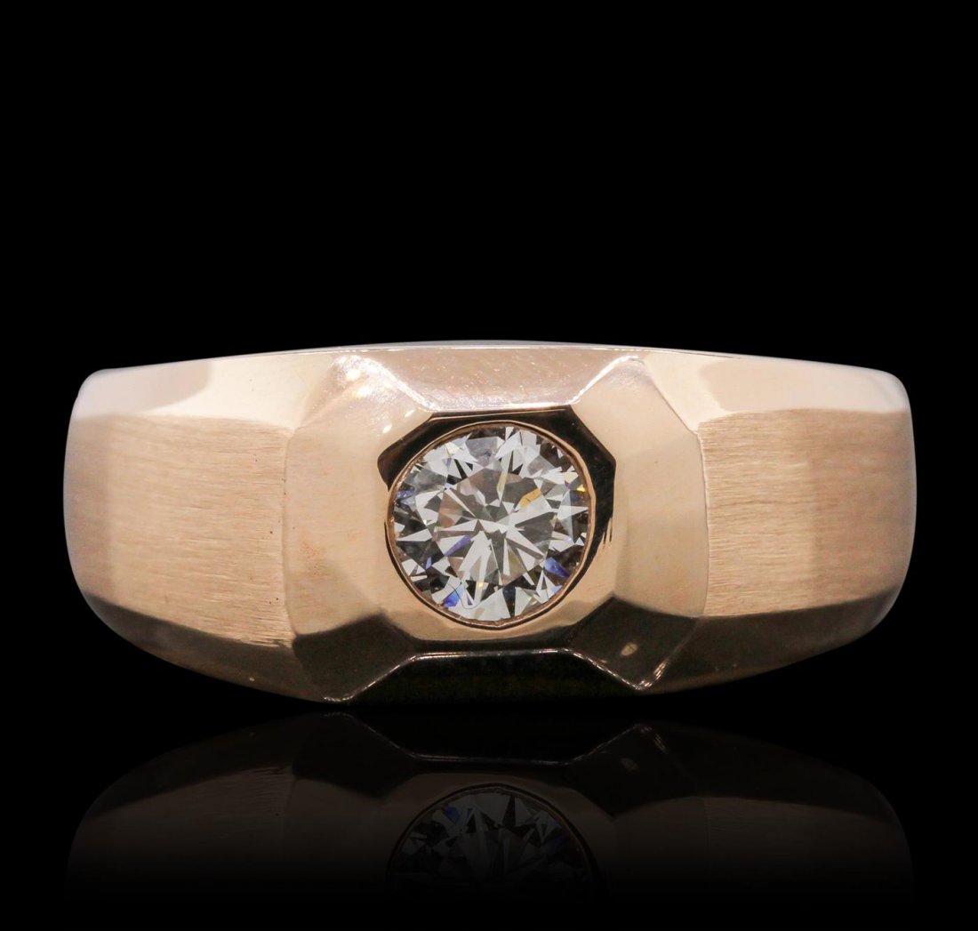 14KT Rose Gold 0.70ct Diamond Solitaire Ring: One electronically tested 14KT rose gold man's combination cast & assembled solitaire ring with a brushed finish. Condition is new. Identified with markings of "14K". Containing: One bezel set round b