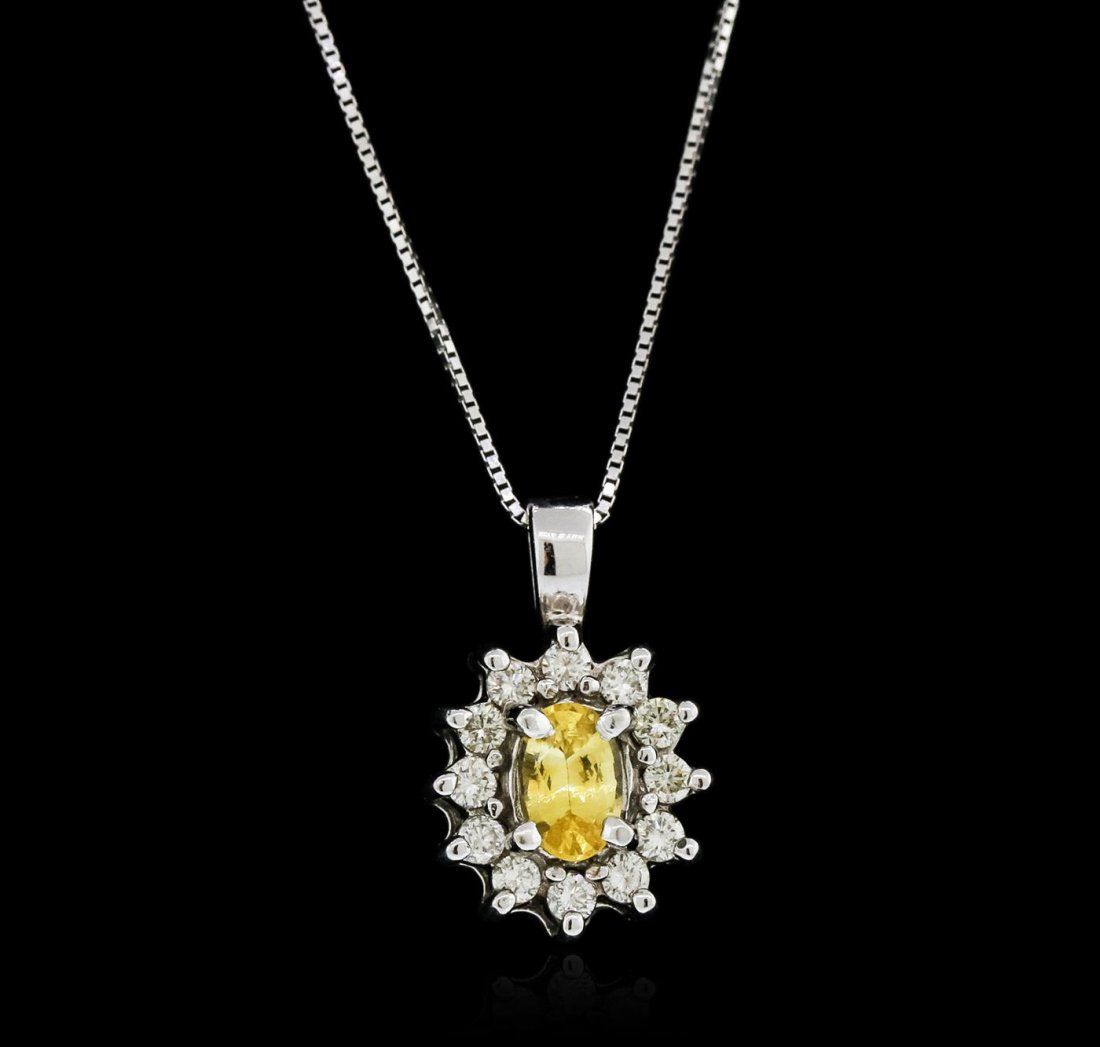 14KT White Gold 0.62ctw Fancy Yellow Diamond Pendant: One pendant with chain featuring: 14KT white gold weighing 1.80 grams containing one fancy yellow diamond with a total weight of 0.50ct and diamonds with a total weight of 0.12ct.