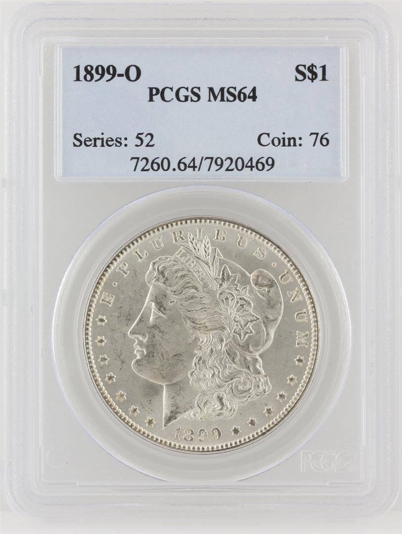 1899-O PCGS MS64 Morgan Silver Dollar: One 1899-O PCGS MS64 Morgan Silver Dollar. PCGS Certified.