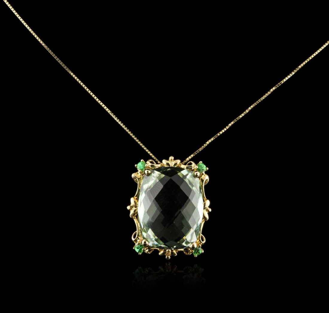 10KT Yellow Gold 16.70ct Green Amethyst and Tsavorite: One pendant with chain featuring: 10KT yellow gold weighing 2.13 grams containing one green amethyst with a total weight of 16.70ct and four tsavorites with a total weight of 0.23ct.