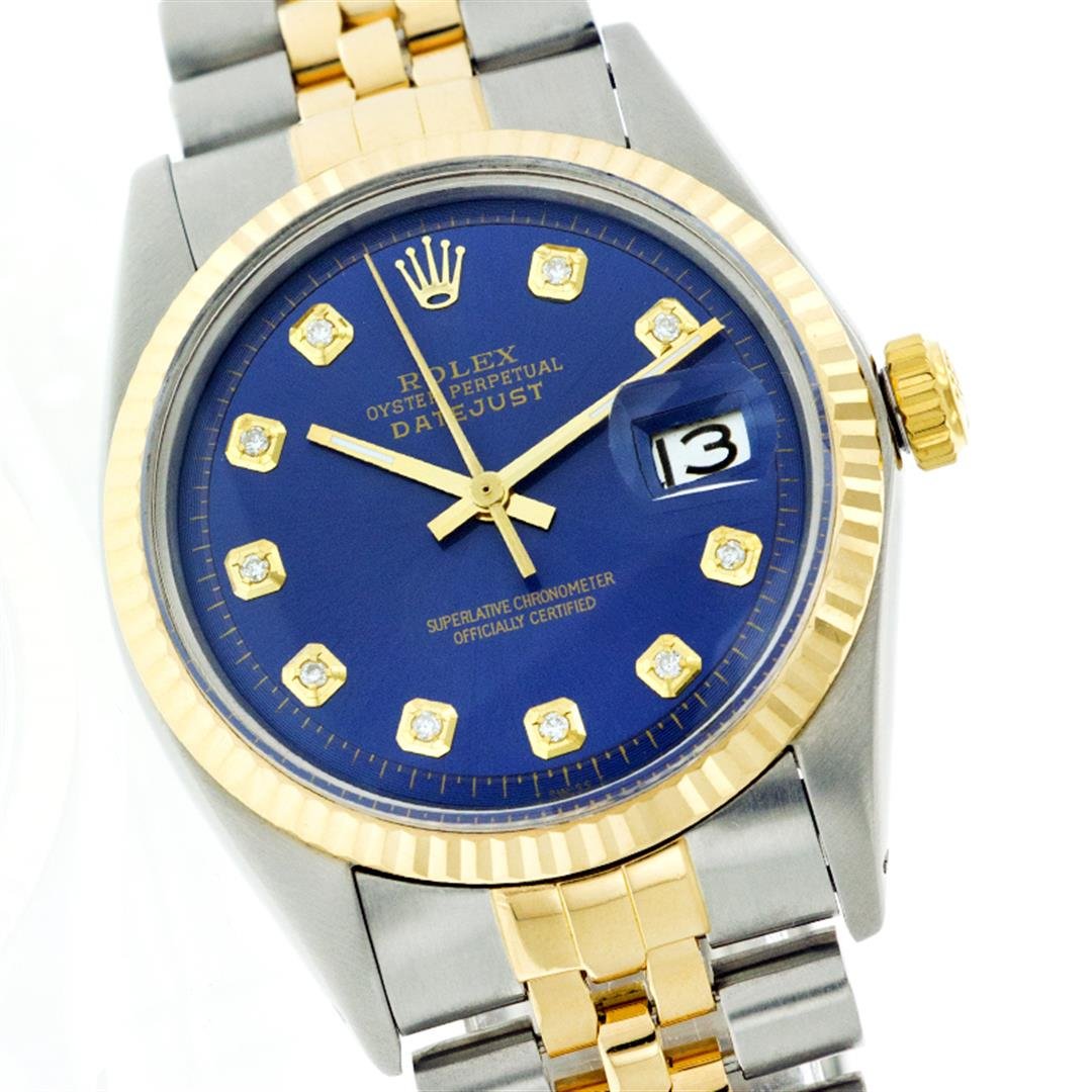Gents Rolex Two-Tone DateJust Wristwatch: One Gents Rolex Datejust Polished Bright, Serviced & Electronically Tested, Stainless Steel Case: 36mm, 14K Yellow Gold Crown, Original Bezel: 14K Yellow Gold Fluted Bezel. Custom Crystal: Synthetic S