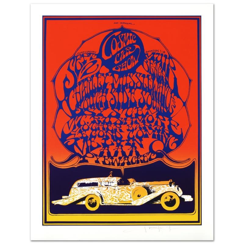 Cosmic Car Show by Stanley Mouse: "Cosmic Car Show" is a limited edition lithograph on paper, numbered and hand signed by Stanley Mouse. Measures approx. 30" x 39" (with border), 26" x 34.5" (image).