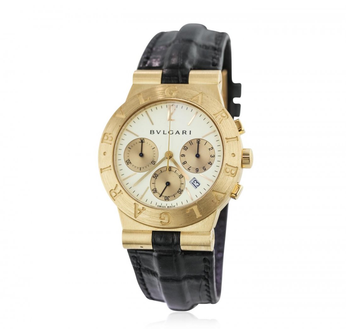 Bvlgari 18KT Yellow Gold Diagono Chronograph Wristwatch: One, Bvlgari Diagono Chronograph wristwatch electronically tested 18KT yellow gold, Case: 36mm, Case Back: engraved with the manufacturers name, and ID numbers, Bezel: engraved BVLGARI BVLGARI, Crysta