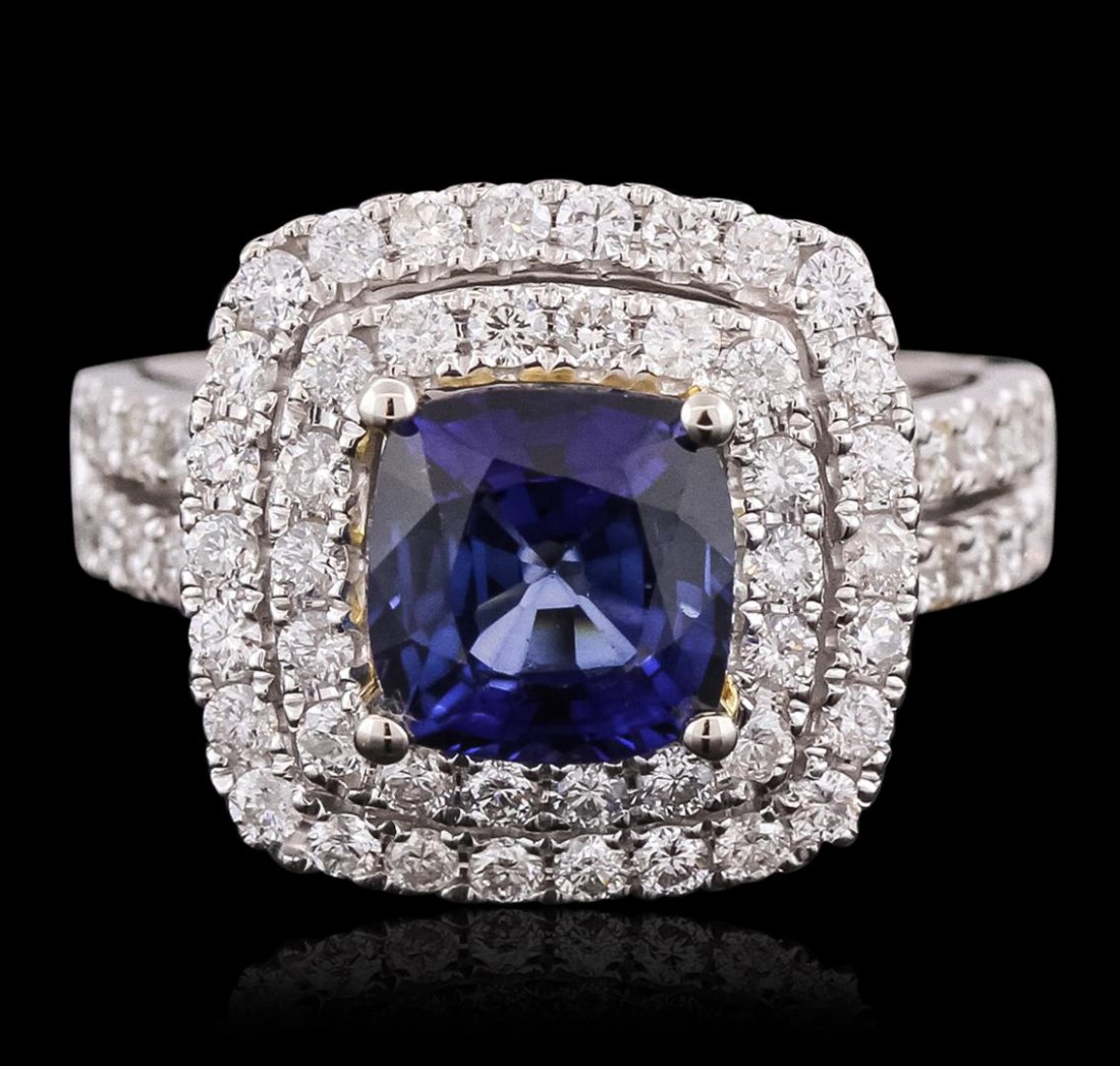 14KT White Gold 2.93ct Sapphire and Diamond Ring: One electronically tested 14KT white gold ladies combination cast & assembled ring with a bright polish finish. Condition is new. Identified with markings of "14K". Containing: One prong set square cu