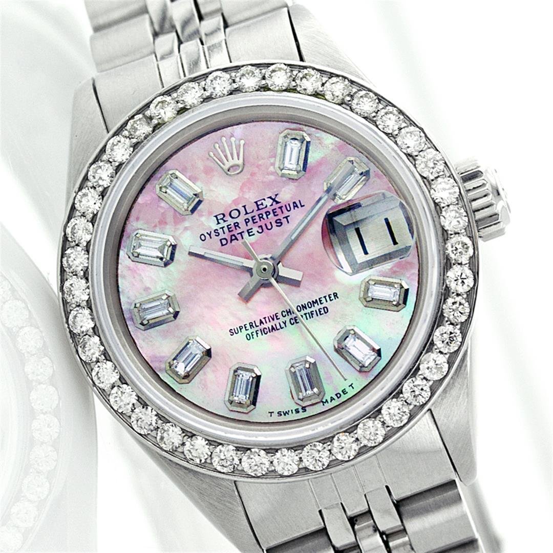 Ladies Rolex Stainless Steel 1.00ctw Diamond DateJust: One Ladies Rolex Datejust Polished Bright with Satin Finish, Serviced & Electronically Tested, Stainless Steel Case:26mm, Stainless Steel Crown, Custom Bezel: Stainless Steel Beadset Diamond Bezel, Di