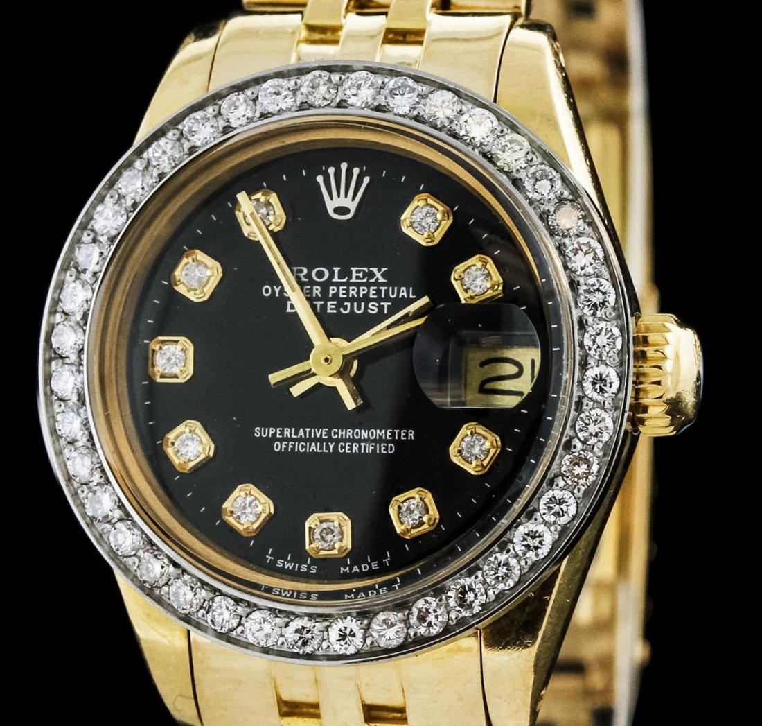 Ladies Rolex 18KT Yellow Gold Diamond DateJust: One ladies, hand crafted & machine milled Rolex DateJust model wristwatch electronically tested 18KT yellow gold, Circa: 1978, Case: 26mm oyster, Crown: twinlock with logo, Custom Bezel: diamond set, 