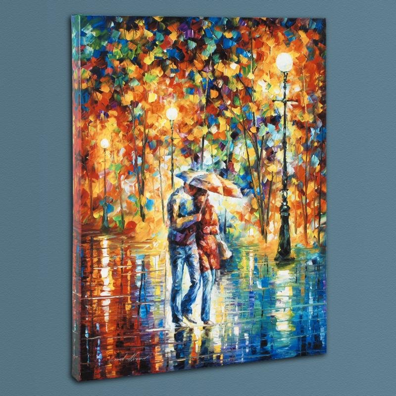 Rainy Evening by Leonid Afremov: Leonid Afremov's masterful use of color and texture make his paintings unique collectibles that are sure to brighten any wall. "Rainy Evening" is a limited edition giclee on stretched canvas, numbered