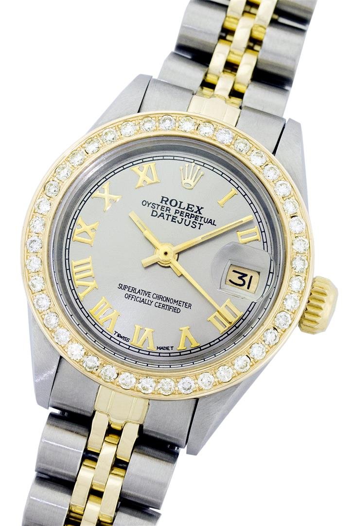Ladies Rolex Two-Tone 1.00ctw Diamond DateJust: One Ladies Two Tone Rolex Datejust Polished, Serviced & Electronically Tested, 14K Yellow Gold & Stainless Steel Case:26mm, 14K Yellow Gold Crown, Custom Bezel: 18K Yellow Gold Beadset Diamond Bezel,