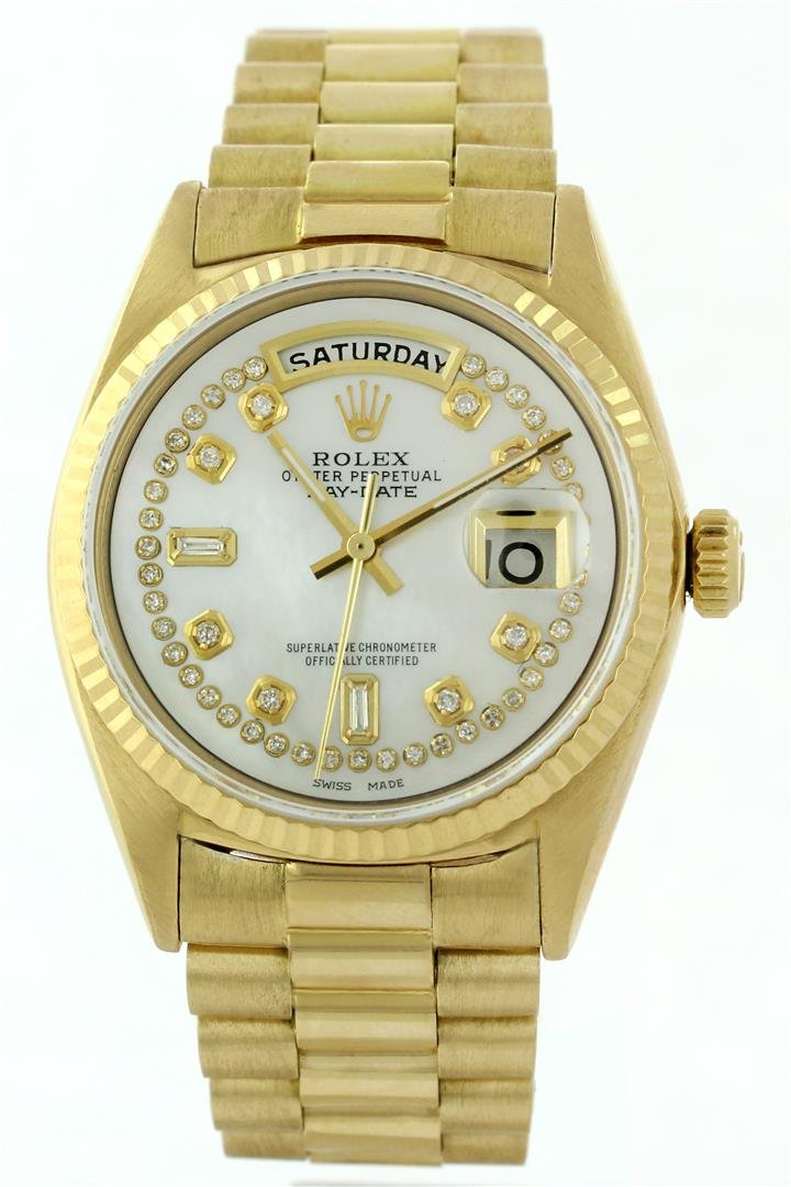 Gents Rolex President 18KT Gold Diamond DayDate: One Gents Rolex DayDate President Polished, Serviced & Electronically Tested, Yellow Gold Case:36mm, Yellow Gold Crown, Bezel: 18K Yellow Gold Fluted Bezel. Crystal: Acrylic Cyclops Lens. Movement: Au