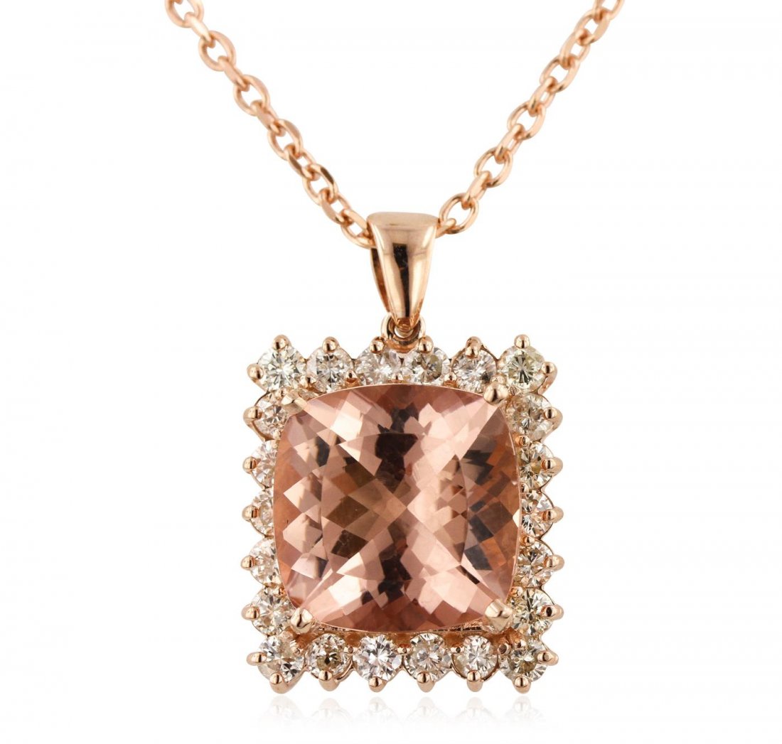 14KT Rose Gold 15.44ct Morganite and Diamond Pendant: One electronically tested 14KT rose gold ladies cast & assembled morganite and diamond pendant with chain. Condition is new, good workmanship. The pendant features a morganite set within a diamond bez