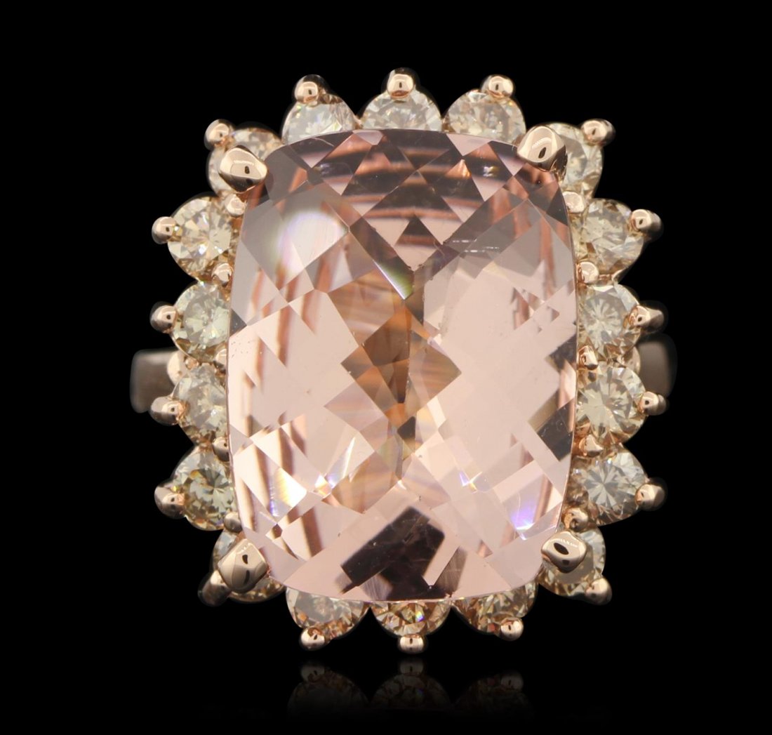 14KT Rose Gold 8.33ct Morganite and Diamond Ring: One electronically tested 14KT rose gold ladies cast morganite and diamond ring with a bright polish finish. Condition is new, good workmanship. The featured morganite is set within a diamond bezel su