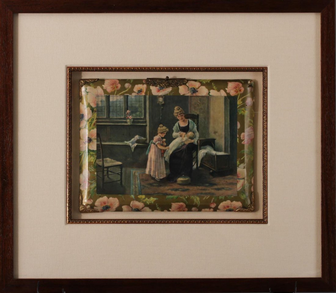 Antique Victorian Celluloid Album Cover: An antique Victorian celluloid album cover titled Mother With Daughters. Framed and ready to hang. Antique gold fillet shadow box frame. Measures approximately 19 x 17 inches (frame).