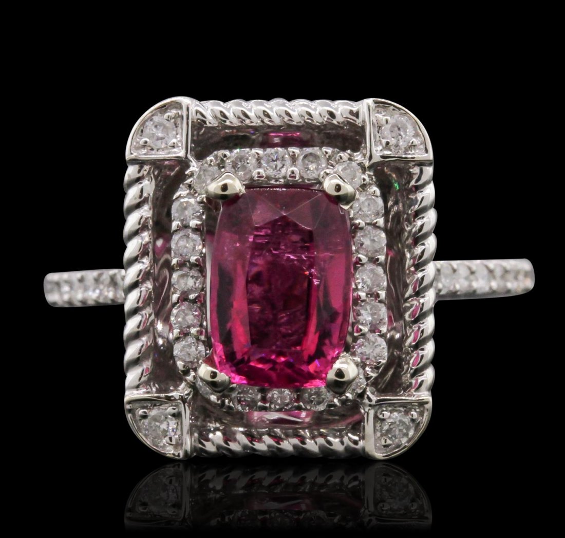 14KT White Gold 1.53ct Tourmaline and Diamond Ring: One electronically tested 14KT white gold Ladies combination cast & assembled ring with a bright polish finish. Condition is new. Identified with markings of "14K". Containing: Forty prong set round b