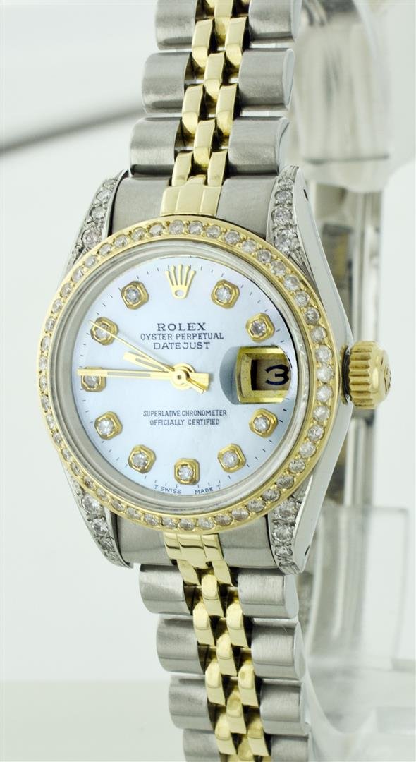 Ladies Rolex Two-Tone Diamond DateJust Wristwatch: One Ladies Two Tone Rolex Datejust Polished, Serviced & Electronically Tested, 14K Yellow Gold & Stainless Steel Case:26mm, 14K Yellow Gold Crown, Custom Bezel: 18K Yellow Gold Beadset Diamond Bezel,