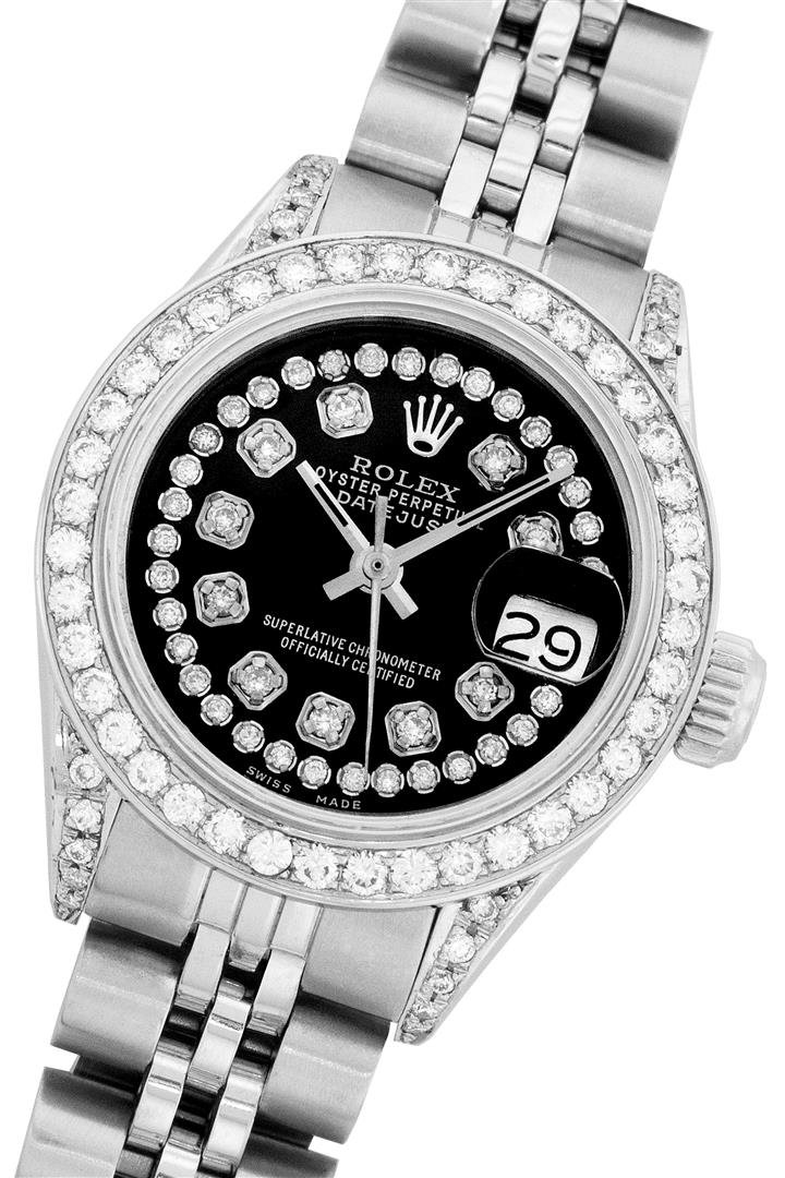 Ladies Rolex Stainless Steel 1.00ctw Diamond DateJust: One Ladies Rolex Datejust Polished Bright with Satin Finish, Serviced & Electronically Tested, Stainless Steel Case:26mm, Stainless Steel Crown, Diamond Lugs: 16 Diamonds On Lugs, Clarity: SI-VS, Colo