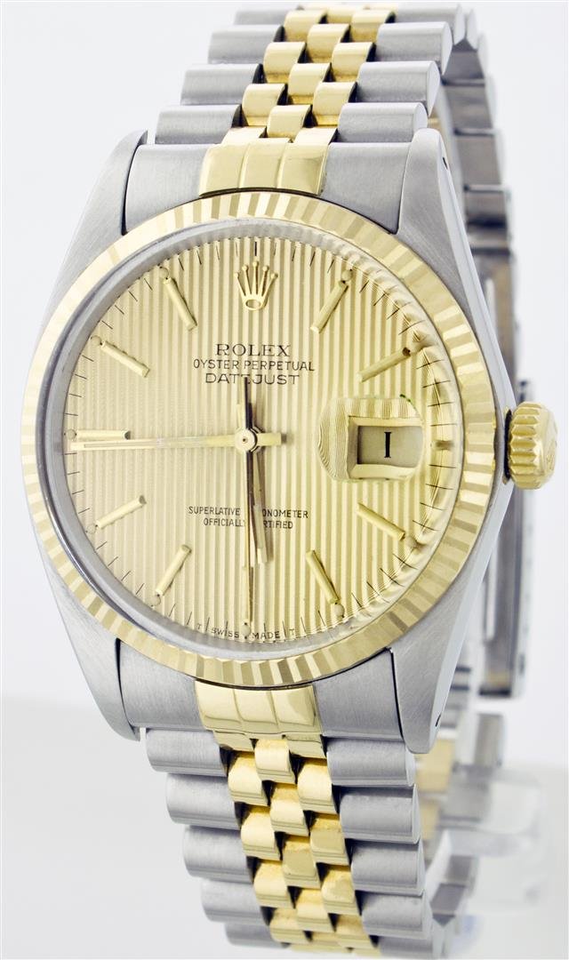 Gents Rolex Two-Tone DateJust Wristwatch: One Gents Two Tone Rolex Datejust Polished, Serviced & Electronically Tested, 14K Yellow Gold & Stainless Steel Case: 36mm,14K Yellow Gold Crown, Bezel: 14K Yellow Gold Fluted Bezel. Custom Crystal: S