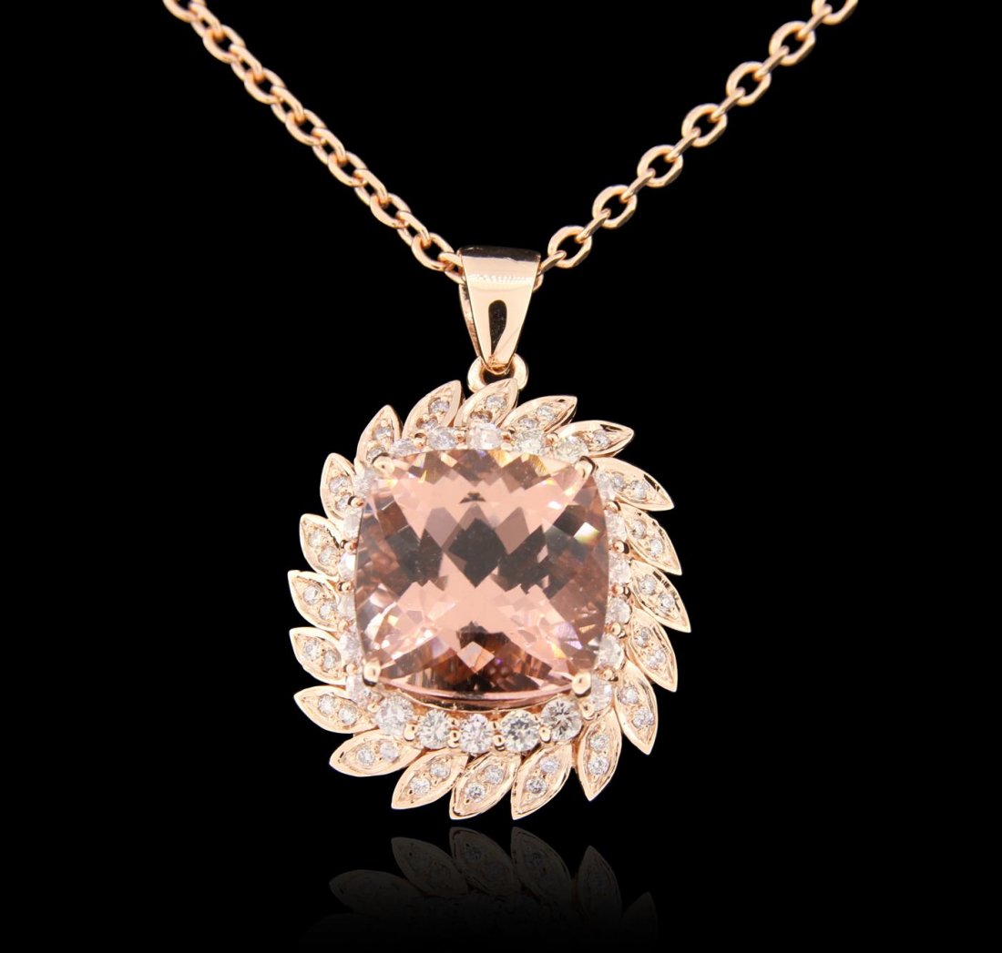 14KT rose gold 13.57ct Morganite and Diamond Pendant: One electronically tested 14KT rose gold ladies cast & assembled morganite and diamond pendant with chain. Condition is new, good workmanship. The pendant features a morganite set within a diamond bez