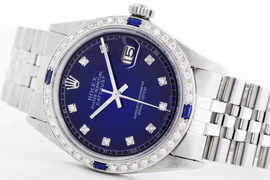 Gents Rolex Stainless Steel Sapphire and Diamond: One Gents Rolex Datejust Polished, Serviced & Electronically Tested, Stainless Steel Case:36mm, Stainless Steel Crown, Custom Bezel: 18K White Gold Sapphire Beadset Diamond Bezel, Diamond + Gem Count: