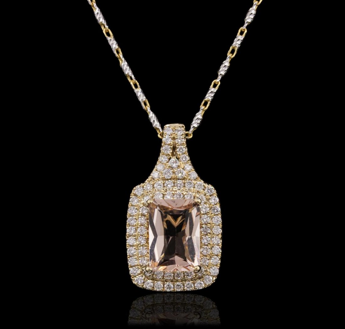 14KT Two-Tone Gold 2.02ct Morganite and Diamond Pendant: One electronically tested 14KT white and yellow gold Ladies combination cast & assembled pendant & chain 17.5" long, light open cable link with a lobster claw clasp with a bright polish finish. Identi