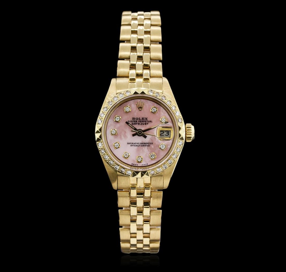 Ladies Rolex 18KT Yellow Gold Diamond DateJust: One ladies, hand crafted & machine milled Rolex DateJust model wristwatch electronically tested 18KT yellow gold, Case: 25mm oyster, Crown: twinlock with logo, Custom Bezel: diamond set, Custom Crysta
