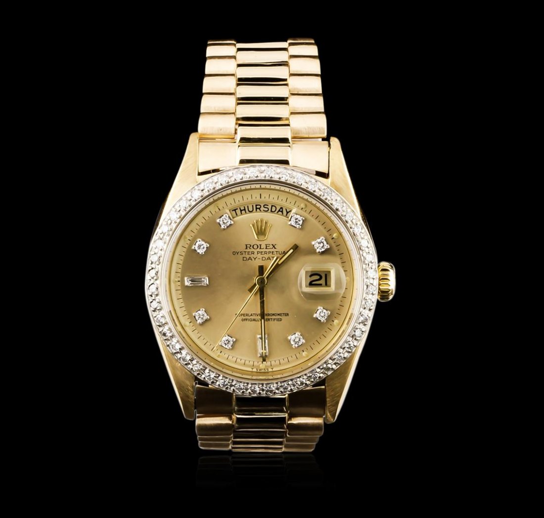 Gents Rolex 18KT Yellow Gold Diamond DayDate Wristwatch: One gents, hand crafted & machine milled Rolex DayDate Model wristwatch electronically tested 18KT yellow gold, Case: 36mm oyster, Crown: twin lock with logo, Custom Bezel: diamond set, Custom Crystal