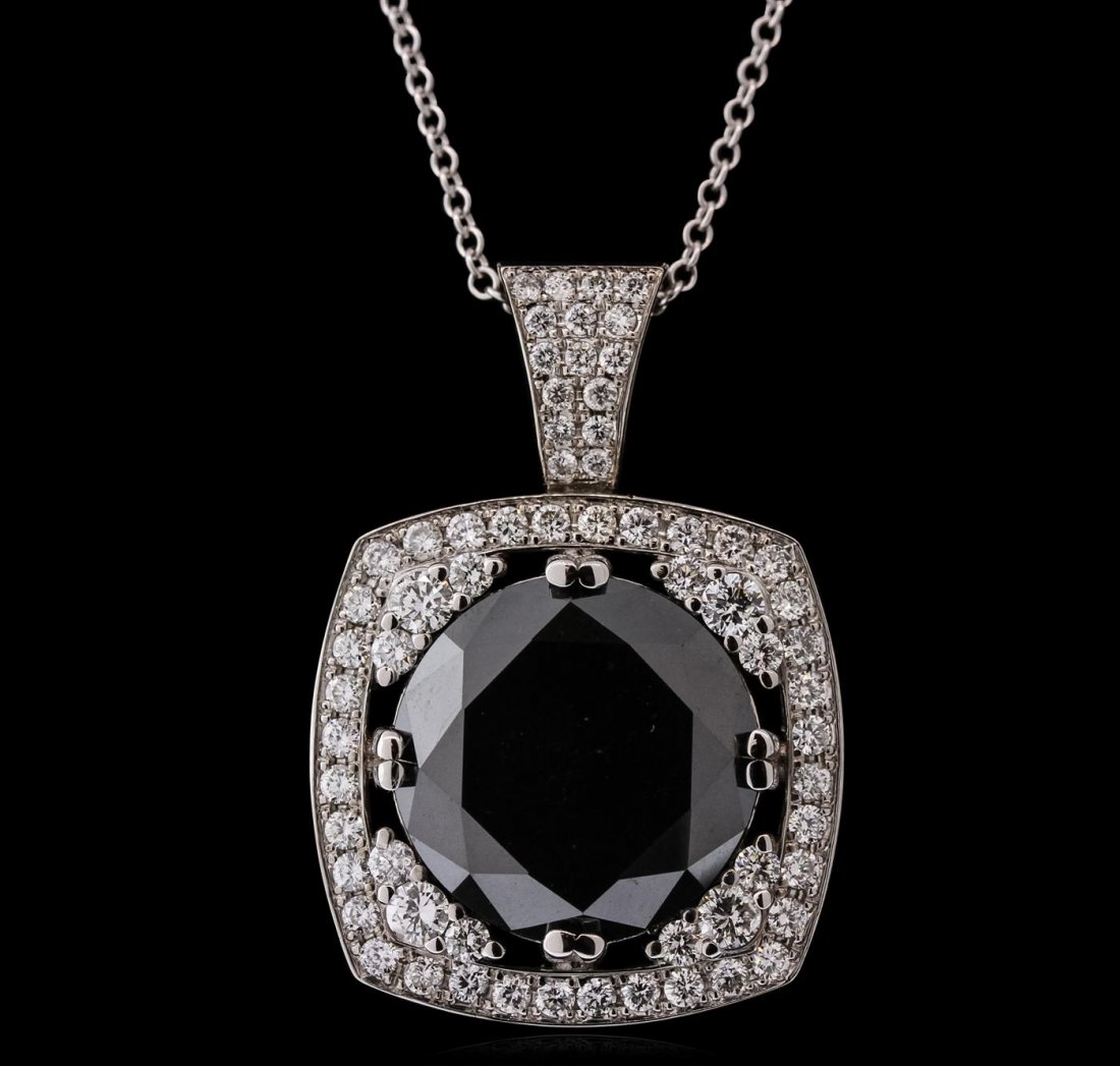 14KT White Gold 18.84ctw Black Diamond Pendant With: One electronically tested 14KT white gold ladies cast & assembled black and white diamond pendant with chain. The pendant features a black diamond set within a white diamond bezel, completed by a whit