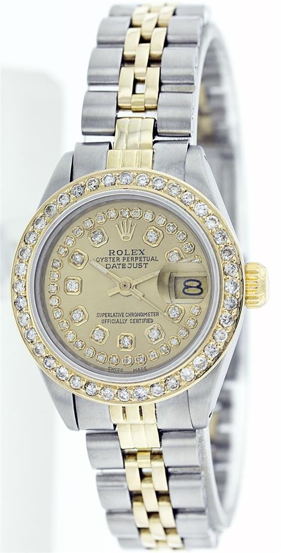Rolex Two-Tone Diamond DateJust Ladies Watch: One Ladies Two Tone Rolex Datejust Polished, Serviced & Electronically Tested, 14K Yellow Gold & Stainless Steel Case:26mm, 14K Yellow Gold Crown, Custom Bezel: 18K Yellow Gold Beadset Diamond Bezel,
