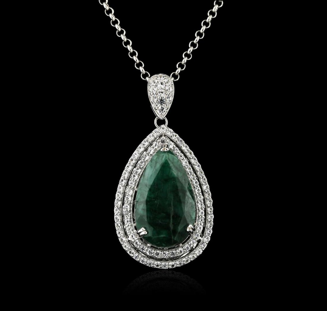 SILVER 35.25ct Green Beryl and White Sapphire Pendant: One electronically tested 925 silver ladies cast & assembled dyed green beryl & white sapphire pendant with chain. Condition is new, good workmanship. The pendant features a dyed green beryl set withi