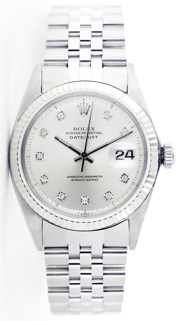 Rolex Stainless Steel DateJust Men's Watch: One Gents Rolex Datejust Polished Bright with Satin Finish, Serviced & Electronically Tested, Stainless Steel Case:36mm, Stainless Steel Crown, Original Bezel: 14K White Gold Fluted Bezel. Custom Crys