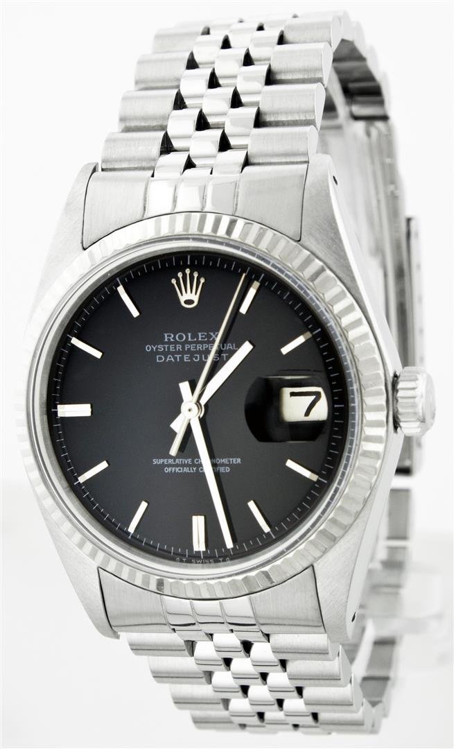 Rolex Stainless Steel DateJust Men's Watch: One Gents Rolex Datejust Polished, Serviced & Electronically Tested, Stainless Steel Case:36mm, Stainless Steel Crown, Bezel: 18K White Gold Fluted Bezel. Custom Crystal: Synthetic Sapphire Cyclops Le