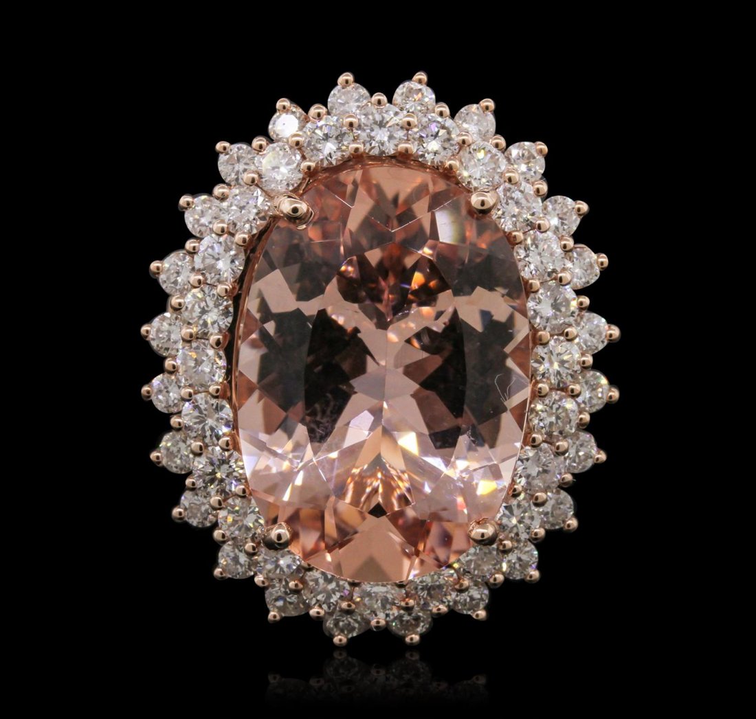 14KT Rose Gold 13.41ct Morganite and Diamond Ring: One electronically tested 14KT rose gold Ladies combination cast & assembled fashion ring with a bright polish finish. Condition is new. Identified with markings of "14K". Containing: One prong set ov