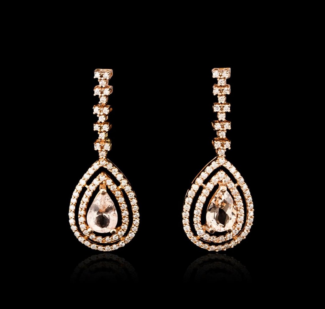 14KT Rose Gold 2.42ctw Morganite and Diamond Earrings: One pair electronically tested 14KT rose gold ladies cast morganite and diamond earrings with friction posts with a bright polish finish. Identified with markings of "14K". Condition is new. Containin