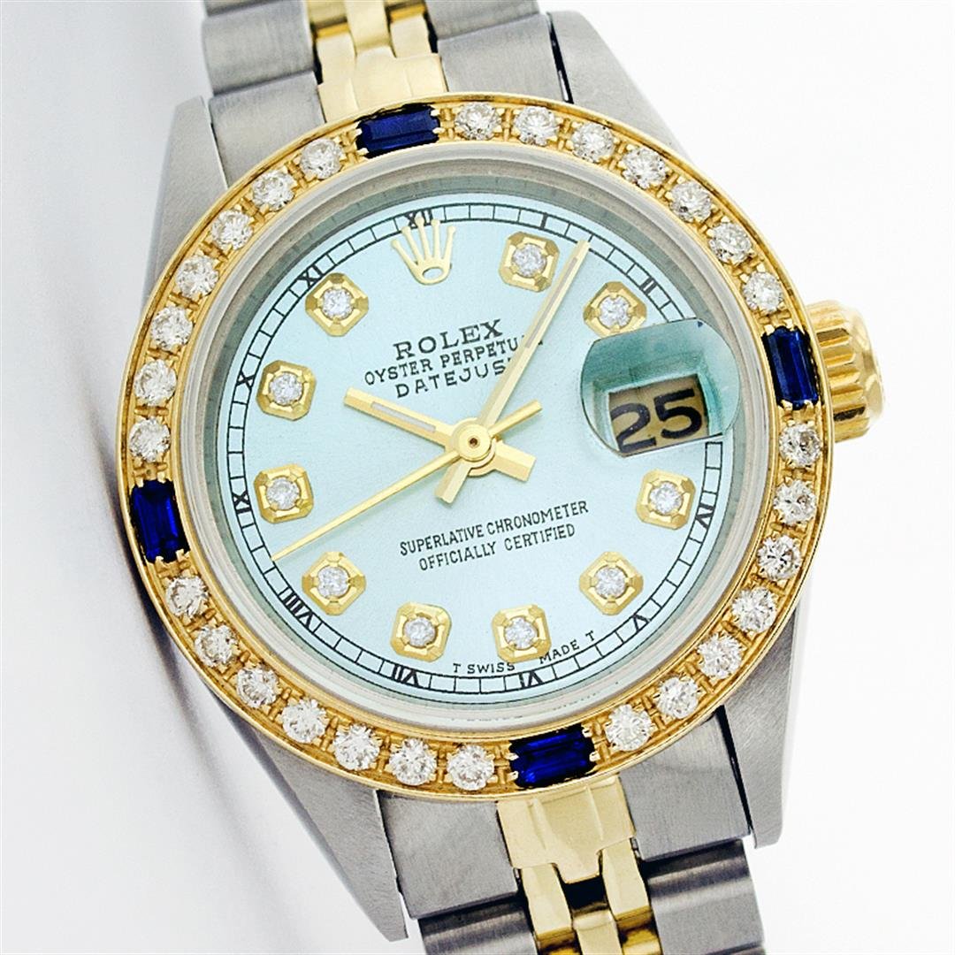 Rolex Two-Tone Diamond and Sapphire DateJust Ladies: One Ladies Two Tone Rolex Datejust Polished, Serviced & Electronically Tested, 14K Yellow Gold & Stainless Steel Case:26mm, 14K Yellow Gold Crown, Custom Bezel: 18K Yellow Gold Sapphire Beadset Diamon