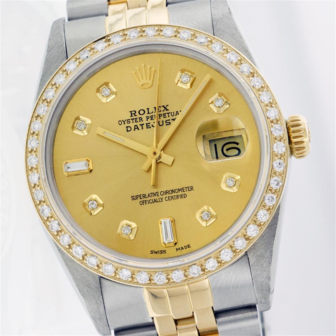 Rolex Two-Tone 1.00ctw Diamond DateJust Men's Watch: One Gents Two Tone Rolex Datejust Polished, Serviced & Electronically Tested, 14K Yellow Gold & Stainless Steel Case:36mm, 14K Yellow Gold Crown, Custom Bezel: 18K Yellow Gold Beadset Diamond Bezel, D