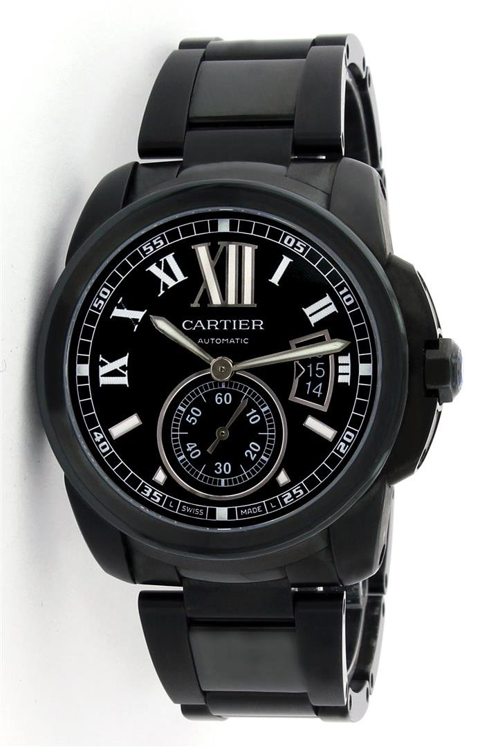 Cartier Black DLC Calibre Men's Watch: One Gents Cartier Black Calibre DLC Unworn, Case:42mm Black DLC, Black DLC Crown, Bezel: DLC Bezel, Crystal: Sapphire Lens. Movement: 1904-PS MC . Dial: Black Roman Dial With Date At 3'O Clock Positio
