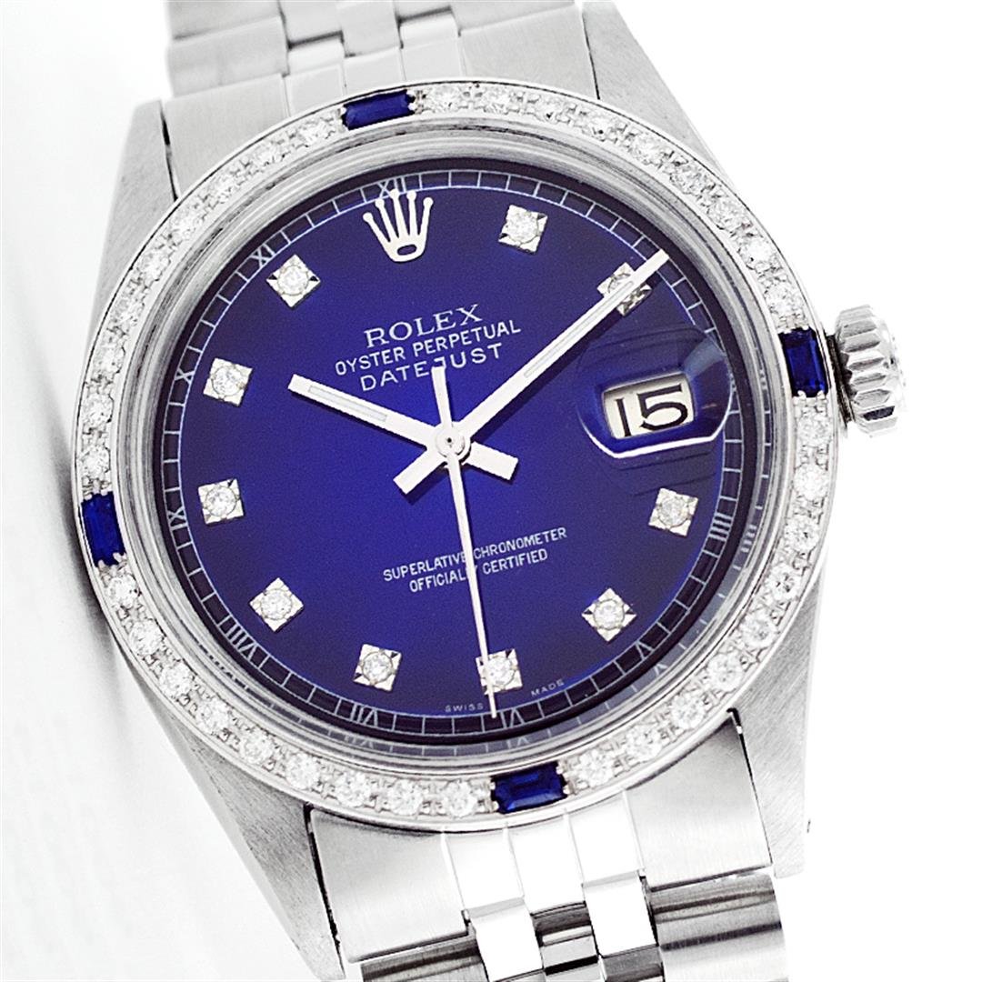 Rolex Stainless Steel Diamond and Sapphire DateJust: One Gents Rolex Datejust Polished Bright with Satin Finish, Serviced & Electronically Tested, Stainless Steel Case:36mm, Stainless Steel Crown, Custom Bezel: 18K White Gold Sapphire Beadset Diamond Be