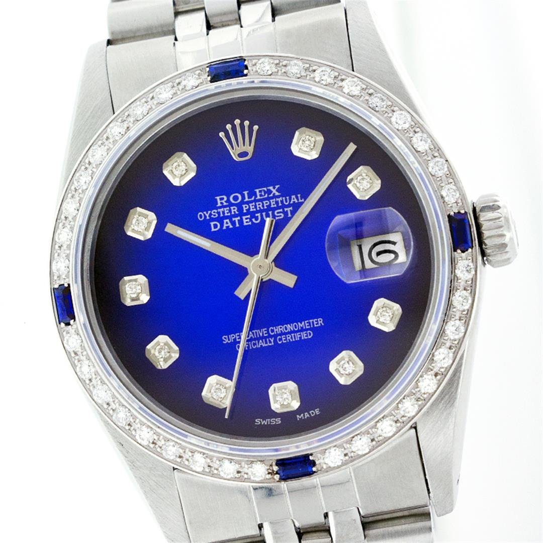 Rolex Stainless Steel Diamond and Sapphire DateJust: One Gents Rolex Datejust Polished Bright with Satin Finish, Serviced & Electronically Tested, Stainless Steel Case:36mm, Stainless Steel Crown, Custom Bezel: 18K White Gold Sapphire Beadset Diamond Be