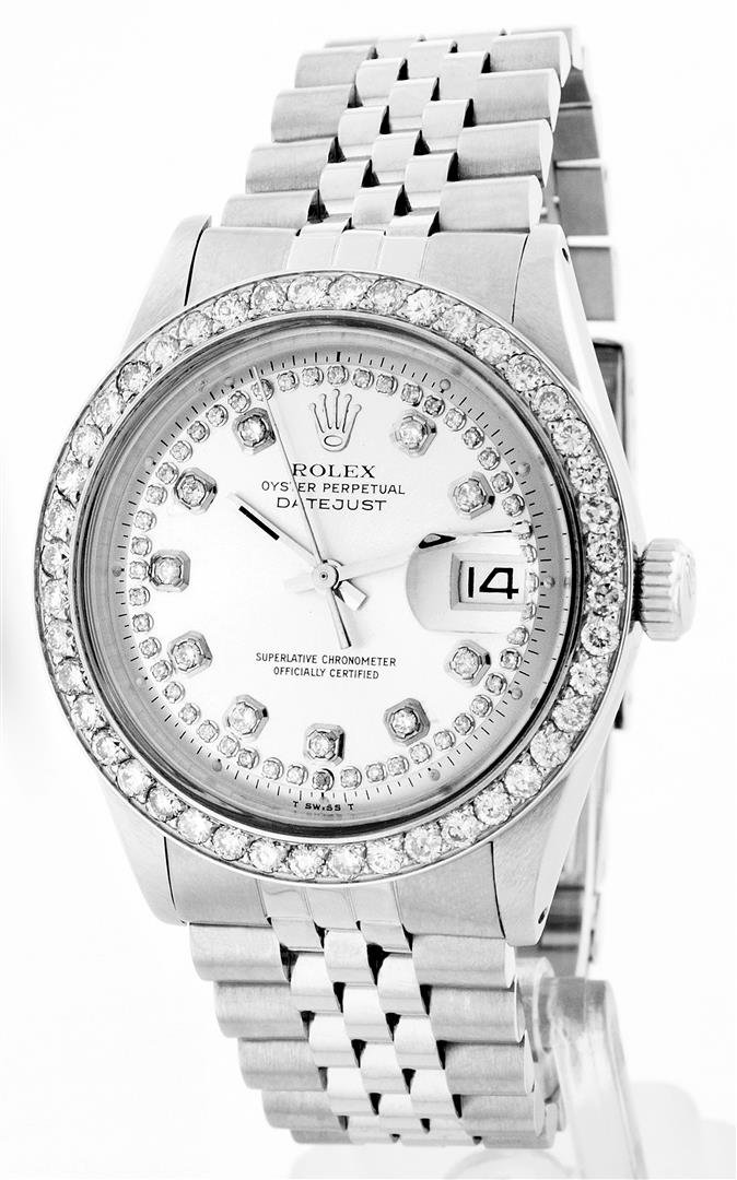 Rolex Stainless Steel 1.00ctw Diamond DateJust Men's: One Gents Rolex Datejust Polished, Serviced & Electronically Tested, Stainless Steel Case:36mm, Stainless Steel Crown, Custom Bezel: Stainless Steel Beadset Diamond Bezel, Diamond Count: 54 Diamonds,