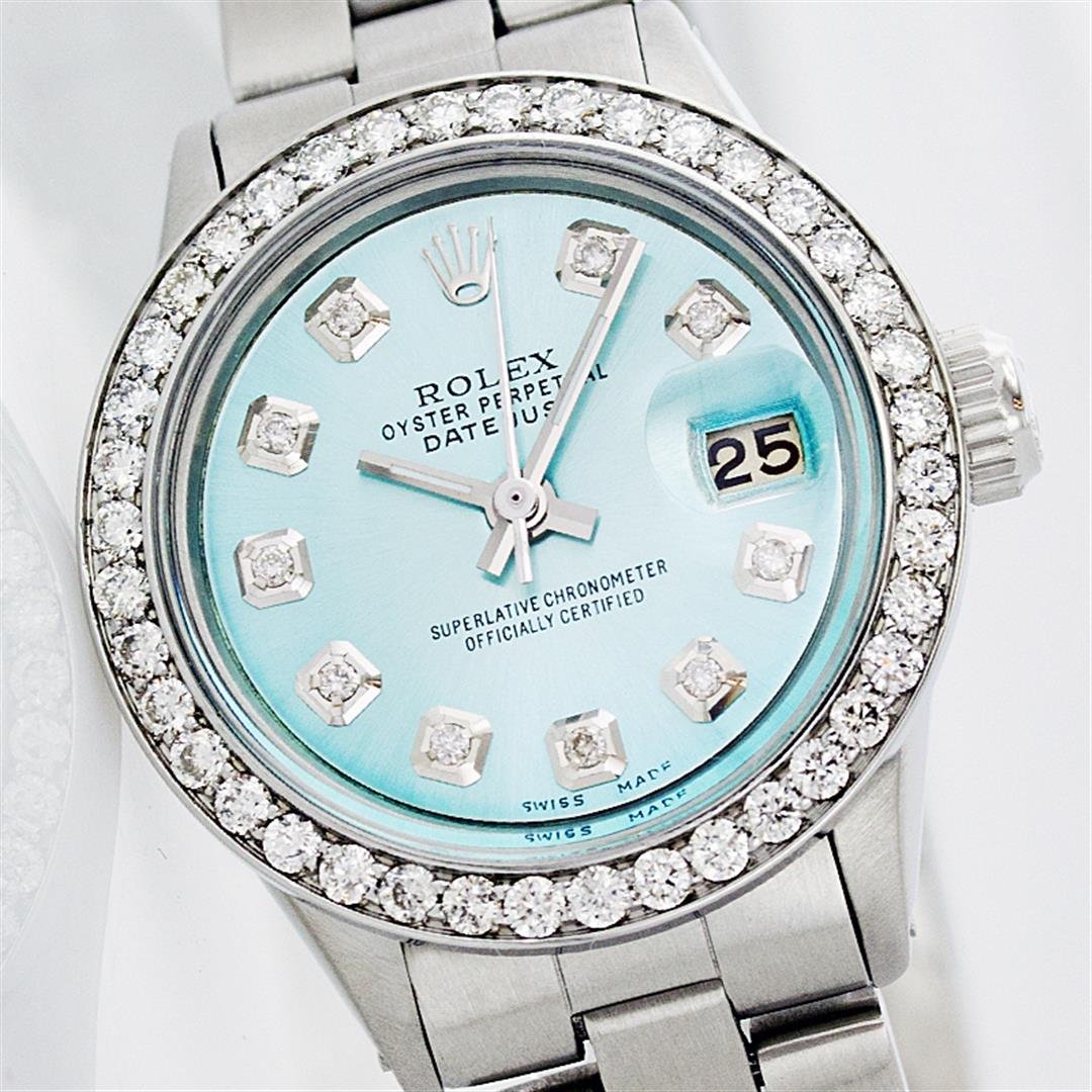 Rolex Stainless Steel Diamond DateJust Ladies Watch: One Ladies Rolex Datejust Polished Bright with Satin Finish, Serviced & Electronically Tested, Stainless Steel Case: 26mm, Stainless Steel Crown, Custom Bezel: 18K White Gold Beadset Diamond Bezel, Di