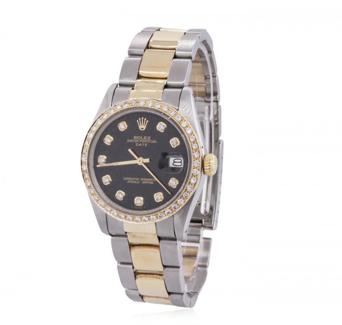 Rolex Two-Tone Diamond Date Vintage Men's Watch: One gents, hand crafted & machine milled vintage Rolex Date Model wristwatch electronically tested, stainless steel, Case: 35mm oyster, 14KT yellow gold Crown: twin lock with logo, Custom Bezel: diamo