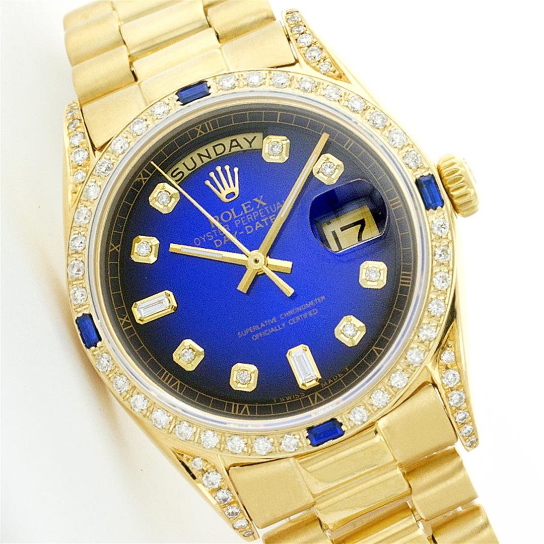 Rolex 18KT Yellow Gold Diamond President Men's Watch: One Gents Rolex President Polished, Serviced & Electronically Tested, Yellow Gold Case:36mm, Yellow Gold Crown, Diamond Lugs: 24 Diamonds In Lugs, Clarity SI-VS, Color: G to H Custom Bezel: 18K Yellow