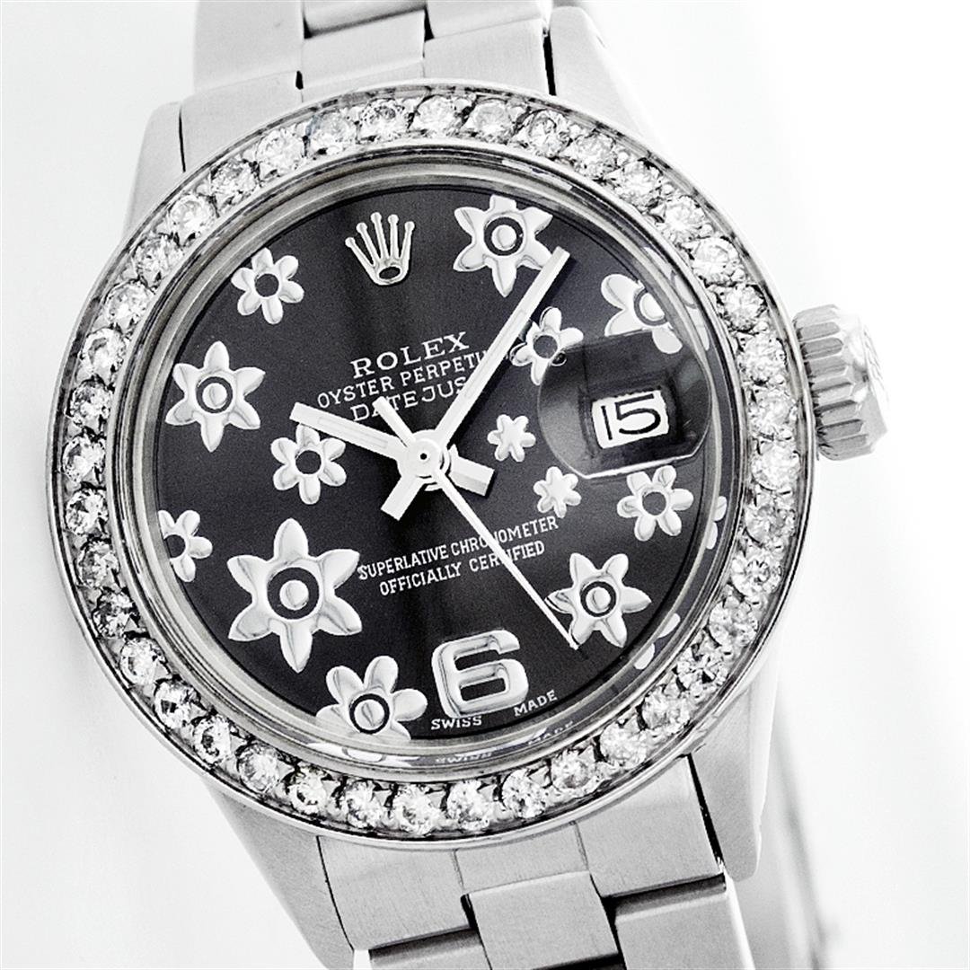 Rolex Stainless Steel and Diamond DateJust Ladies Watch: One Ladies Rolex Datejust Polished Bright with Satin Finish, Serviced & Electronically Tested, Stainless Steel Case:26mm, Stainless Steel Crown, Custom Bezel: 18K White Gold Beadset Diamond Bezel, Dia