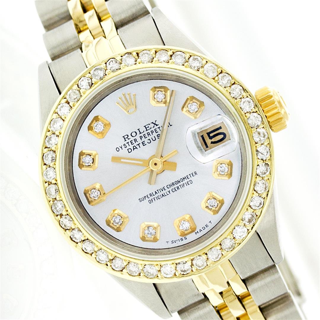 Rolex Two-Tone Diamond DateJust Ladies Watch: One Ladies Two Tone Rolex Datejust Polished, Serviced & Electronically Tested, 14K Yellow Gold & Stainless Steel Case: 26mm, 14K Yellow Gold Crown, Custom Bezel: 18K Yellow Gold Beadset Diamond Bezel,