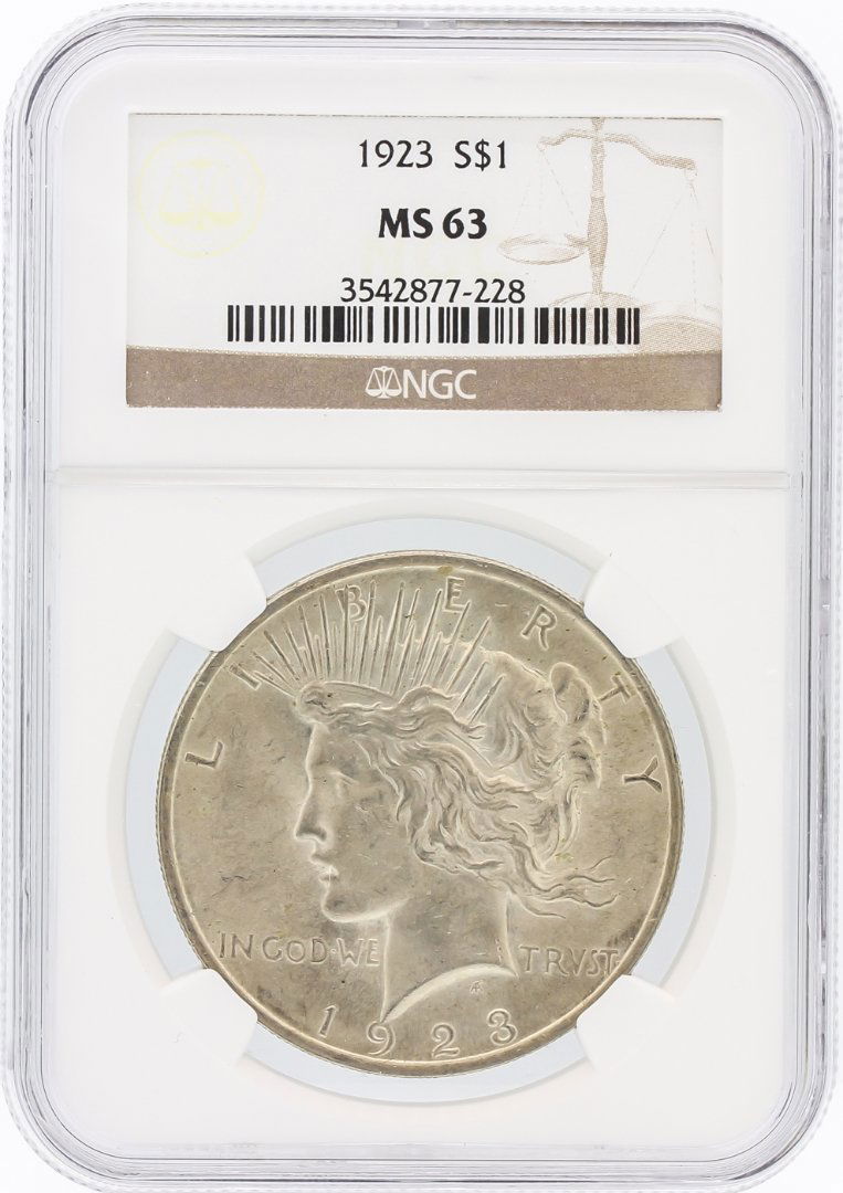 1923 NGC MS63 Peace Silver Dollar: One 1923 NGC MS63 Peace Silver Dollar. NGC Certified.