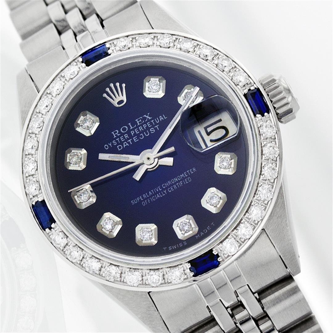 Rolex Stainless Steel Diamond and Sapphire DateJust: One Ladies Rolex Datejust Polished Bright with Satin Finish, Serviced & Electronically Tested, Stainless Steel Case: 26mm, Stainless Steel Crown, Custom Bezel: 18K White Gold Sapphire Beadset Diamond
