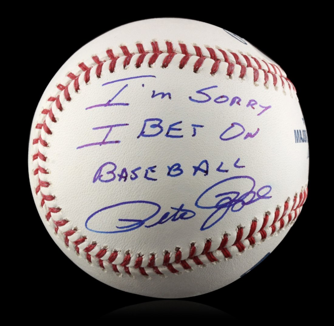 Autographed Pete Rose "I'm Sorry" Baseball PSA: Autographed Pete Rose "I'm Sorry" Baseball PSA Certified. Excellent Condition! DX153MA. Signed Pete Rose baseball with I'm Sorry I bet on Baseball written on the ball. Pete Rose had 4256 hits in his 2
