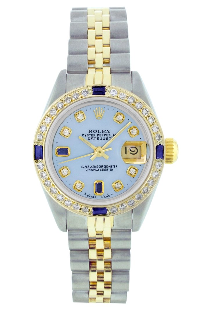 Rolex Two-Tone Sapphire and Diamond DateJust Ladies: One Ladies Two Tone Rolex Datejust Polished, Serviced & Electronically Tested, 14K Yellow Gold & Stainless Steel Case:26mm, 14K Yellow Gold Crown, Custom Bezel: 18K Yellow Gold Sapphire Beadset Diamon