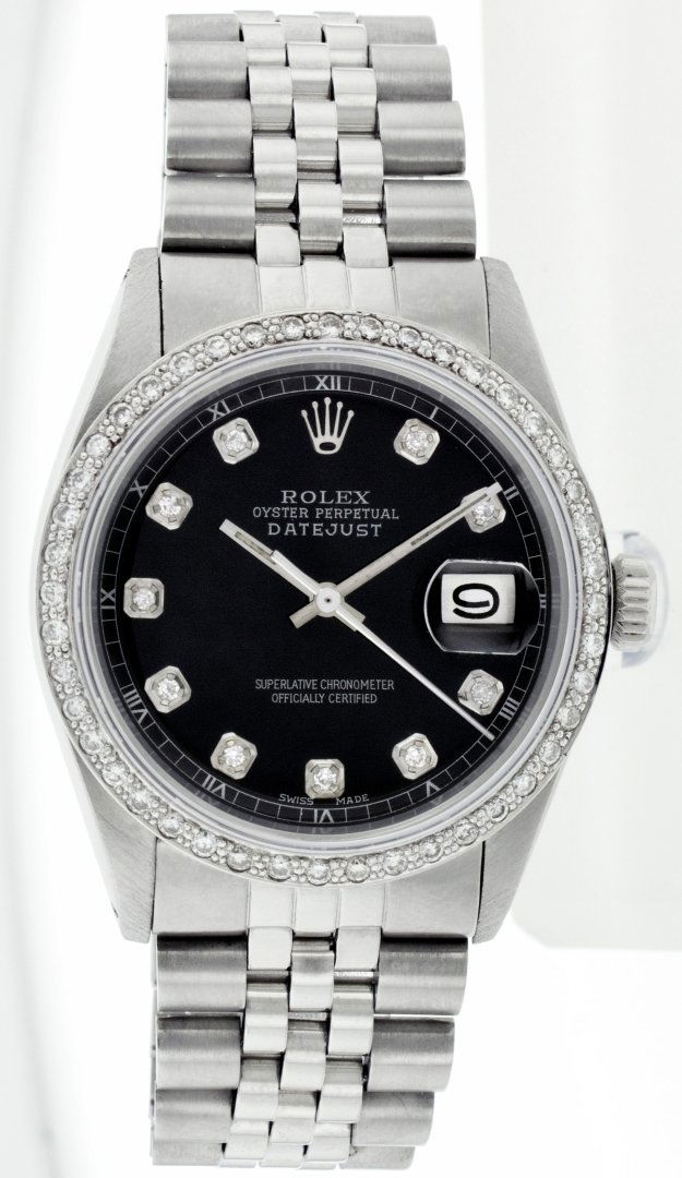 Rolex Stainless Steel 1.00ctw Diamond DateJust Men's: One Gents Rolex Datejust Polished, Serviced & Electronically Tested, Stainless Steel Case:36mm, Stainless Steel Crown, Custom Bezel: Stainless Steel Beadset Diamond Bezel, Diamond Count: 54 Diamonds T